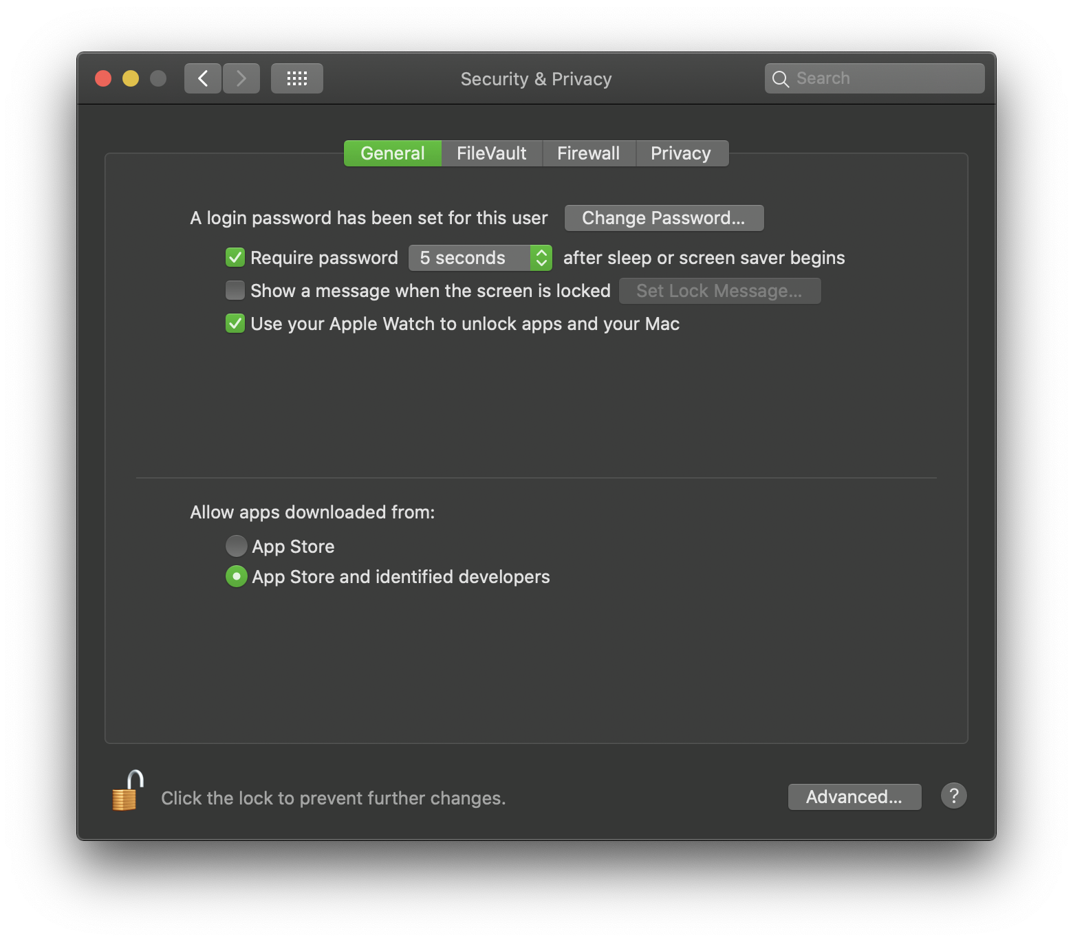 Security preferences in macOS Catalina, showing options to allow apps only from the App Store, or also from Identified Developers