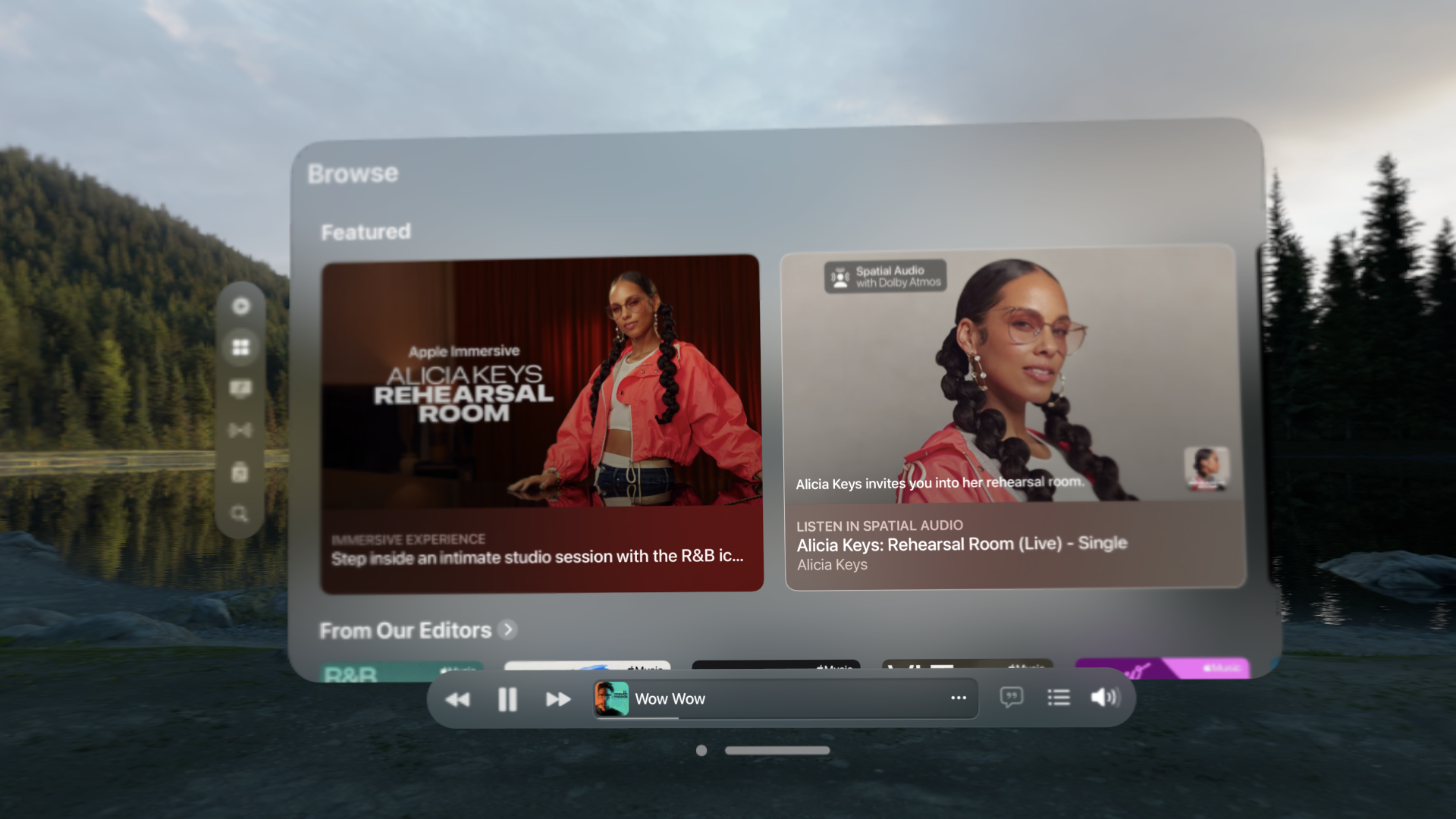 A screenshot of Apple Music, a native visionOS app, running on visionOS. White text shows on a dark translucent background. A vertical floating strip shows available views in a compact way on the left while the content shows in a large rectangular window. A toolbar floats in front of the window at the bottom with player controls.