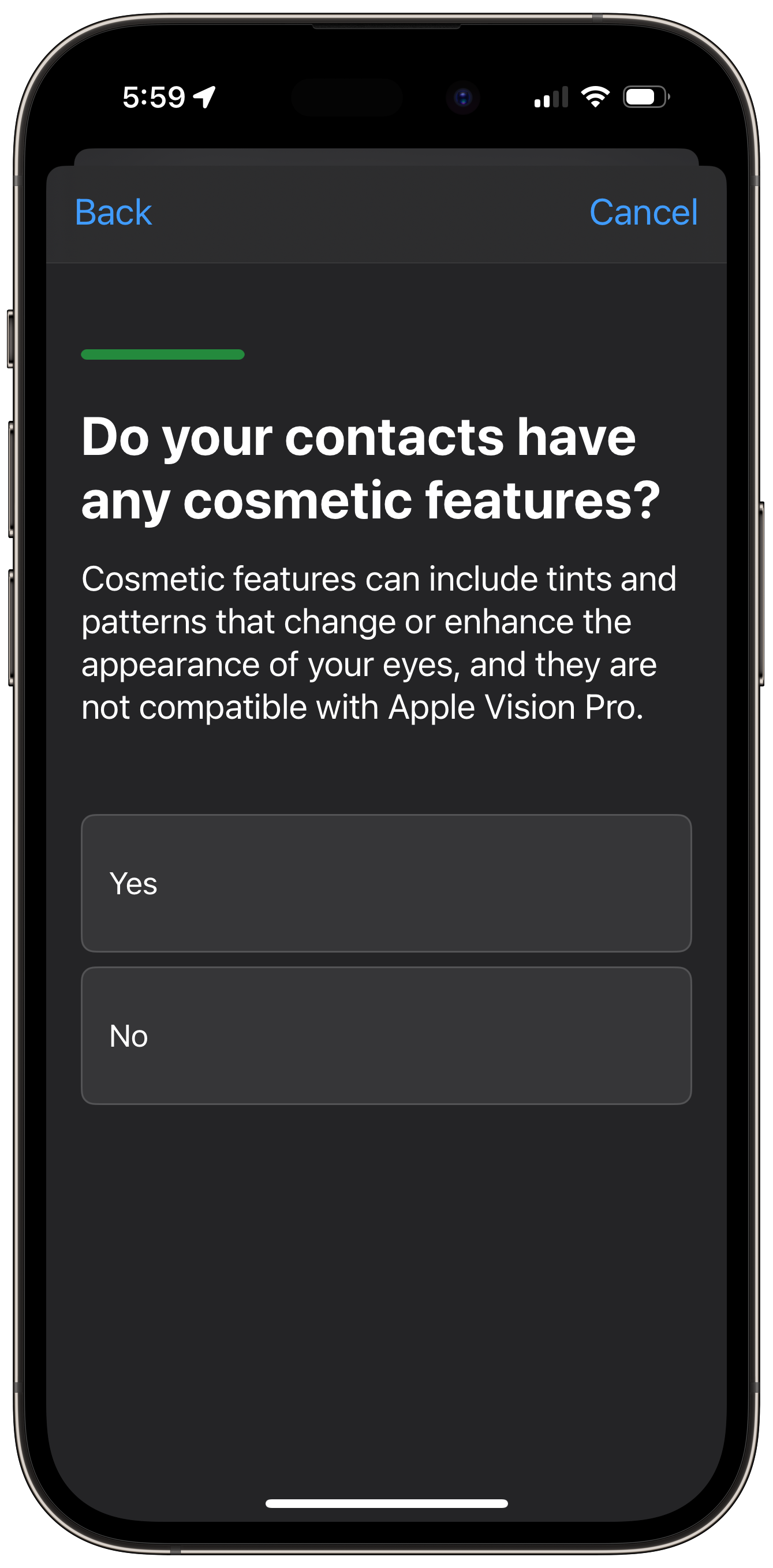 A screenshot from the Apple Store app on iOS. "Do your contacts have any cosmetic features? Cosmetic features can include tints and patterns that change or enhance the appearance of your eyes, and they are not compatible with Apple Vision Pro." Buttons are available for Yes and No.