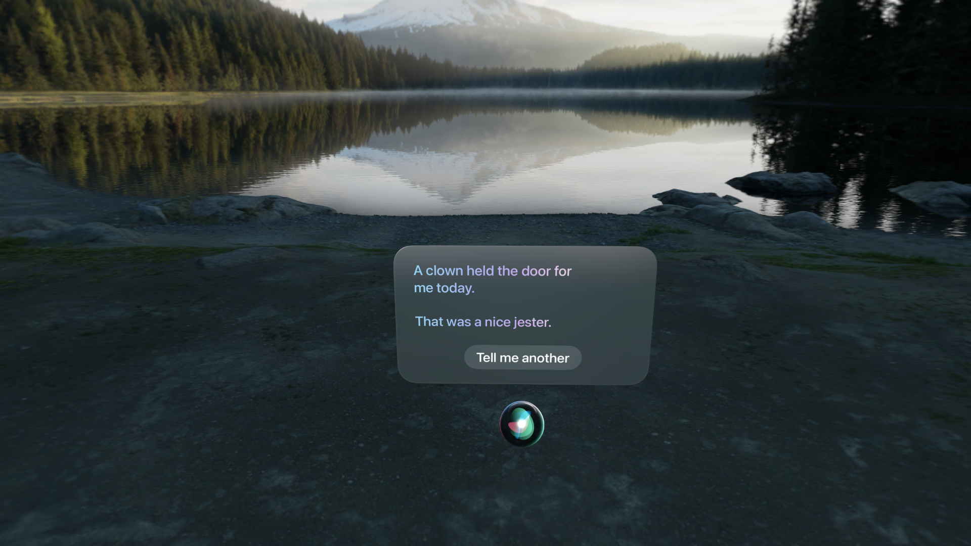 A screenshot of Siri in visionOS. A popup displays above a Siri orb with text "A clown held the door for me today. That was a nice jester." A button shows below the text "Tell me another"