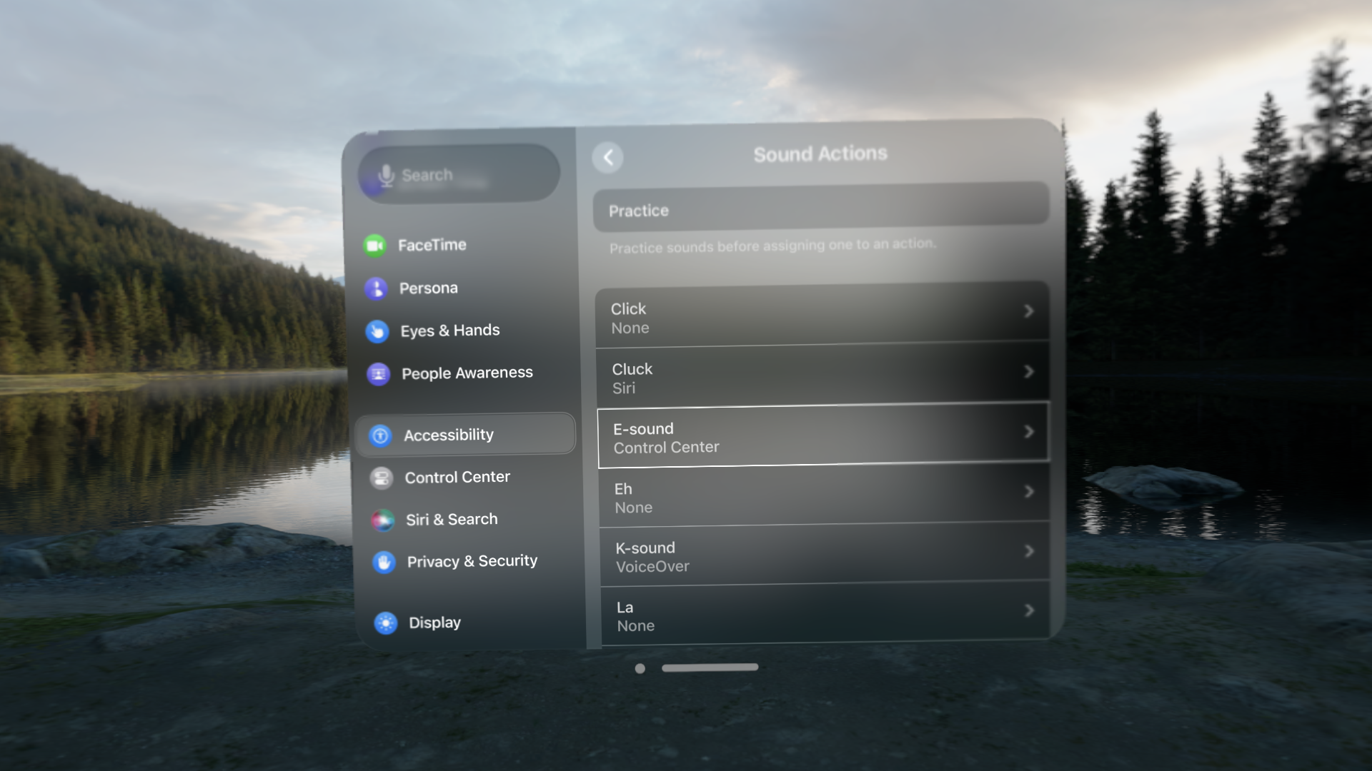 A screenshot of the sound actions settings. A practice button is available at the top. Below it are a list of many different sounds and their current assigned actions. Click has none. Cluck has Siri. E-sound has Control Center. Eh has none. K-sound has VoiceOver. La has none. More sounds are available to assign actions to below those visible in the scrollable list.