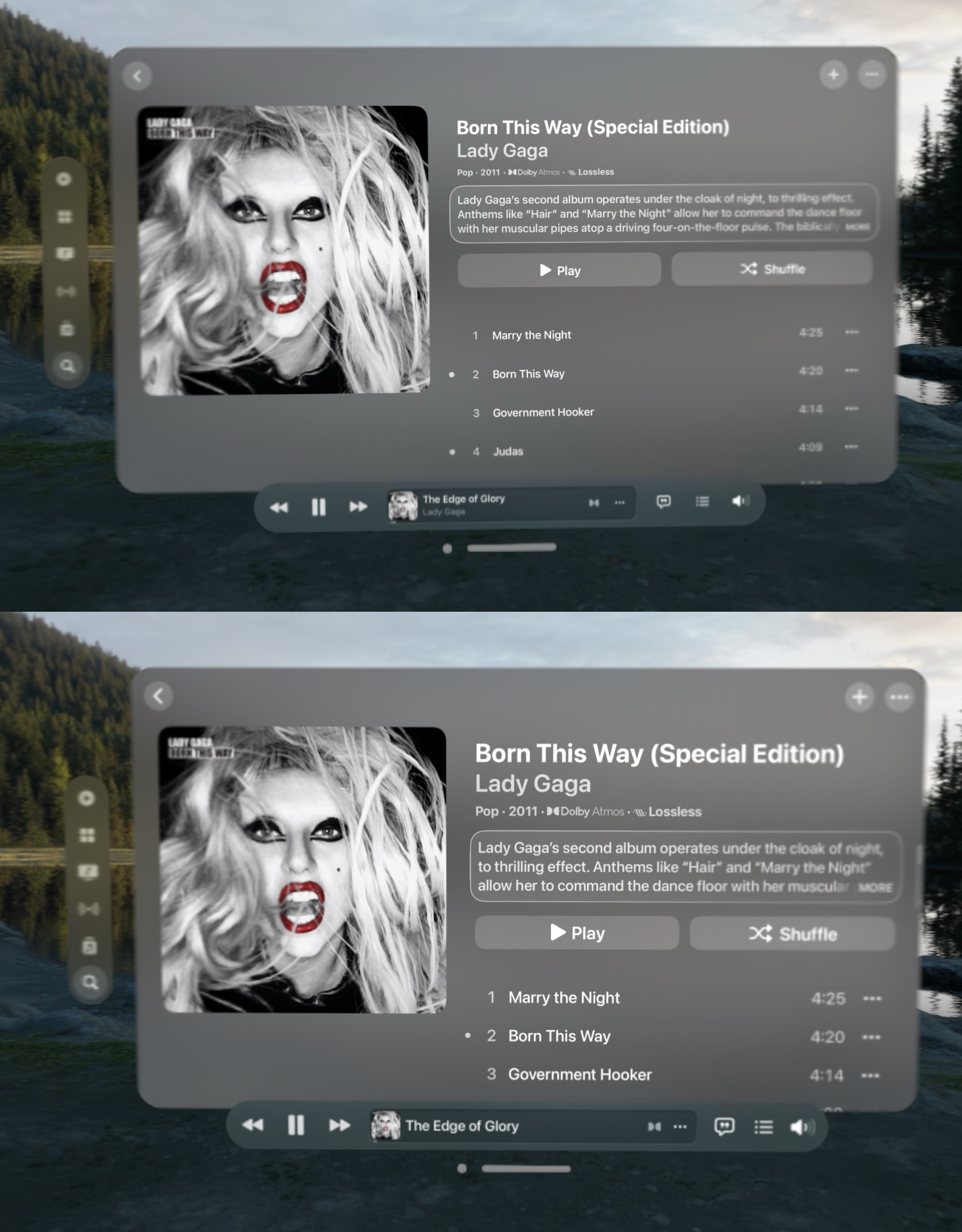Comparison of two screenshots of the Music app. In both, the Album page for Born This Way by Lady Gaga is seen. The top screenshot shows it with a 100% text size, while the bottom shows it with 150% text size.